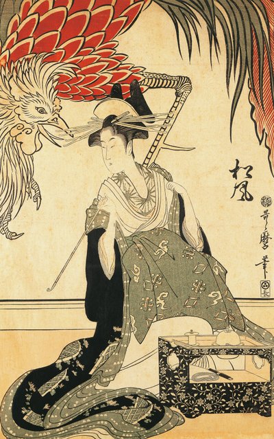 Oiran Matsuzake med et rør, av Kitagawa Utamaro, tresnitt av Kitagawa Utamaro