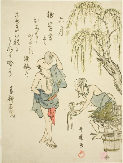 Den sjette måneden (Rokugatsu), fra en serie med sjangerscener uten tittel i løpet av de tolv månedene, med kyoka-dikt av Kitagawa Utamaro
