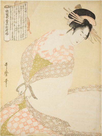 The White Coat, fra serien "New Patterns of Brocade Woven in Utamaro Style (Nishiki-ori Utamaro-gata-moyo)" av Kitagawa Utamaro