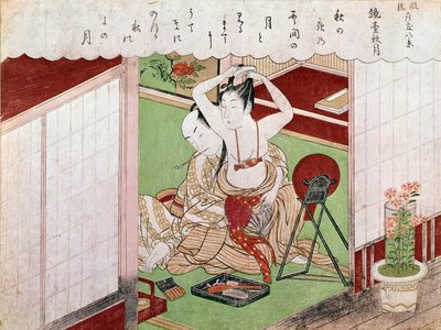 Toalettet til det elegante japanske trykket av Utamaro Kitagawa (1753-1806). Sol. 0,38x0,25 m. 1794-1795. Paris, Guimet-museet, Nasjonalmuseet for asiatisk kunst av Kitagawa Utamaro