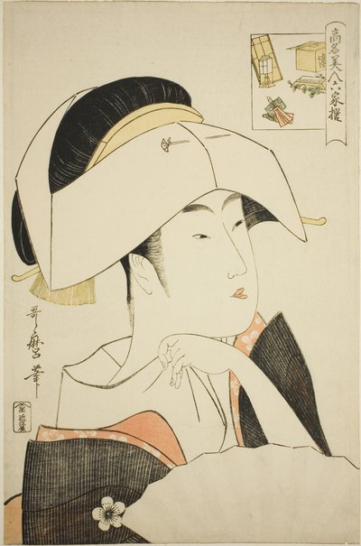 Tomimoto Toyohina, fra serien Renowned Beauties Likened to the Six Immortal Poets (Komei bijin rokkasen) (Tomimoto Toyohina) (bildegåte) av Kitagawa Utamaro
