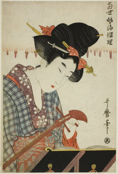 Turning a Shamisen (Shamisen no nejime), fra serien "Chanting to Shamisen av Young Women of Today (Tosei musume joruri)" av Kitagawa Utamaro
