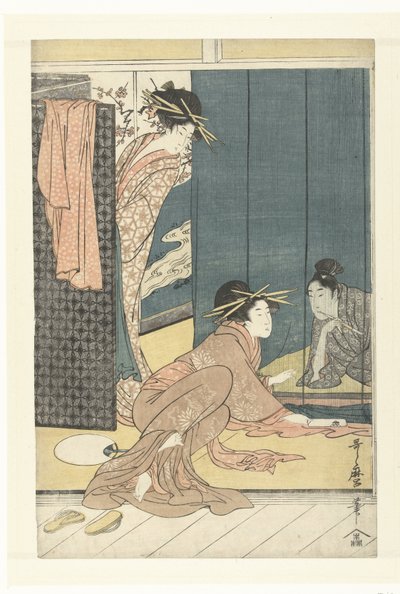 To kurtisaner og en ung mann under et myggnett av Kitagawa Utamaro