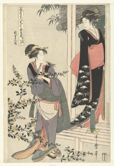 To kvinner ved en blomstrende yamabuki-busk: andre akt. Nidanme (tittel på objekt) Parodi på Chushingura av kjente skjønnheter. (serietittel) Komei bijin mitate Chushingura (serietittel på objekt) av Kitagawa Utamaro