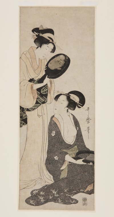 To damer, hver med en del av et lakkert speil (farget treblokktrykk) av Kitagawa Utamaro