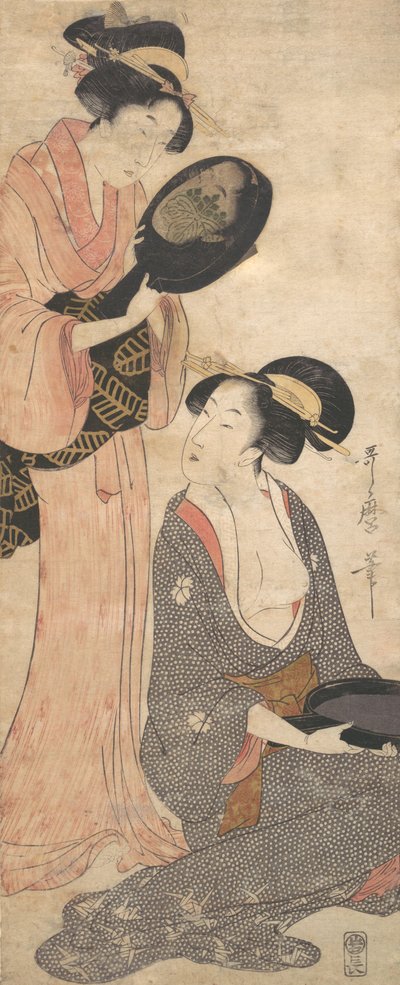 To damer, hver med en del av et lakkert speil, 1790-tallet. av Kitagawa Utamaro