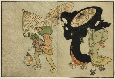 Two Women and Attendant Cathed in a Storm, fra den illustrerte boken "Picture Book: Flowers of the Four Seasons (Ehon shiki no hana)," vol. 2 av Kitagawa Utamaro