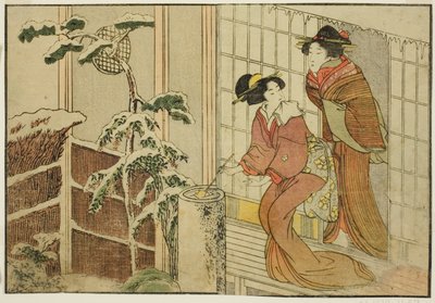 Two Women on Verandah on a Snowy Morning, fra den illustrerte boken "Picture Book: Flowers of the Four Seasons (Ehon shiki no hana)," vol. 2 av Kitagawa Utamaro