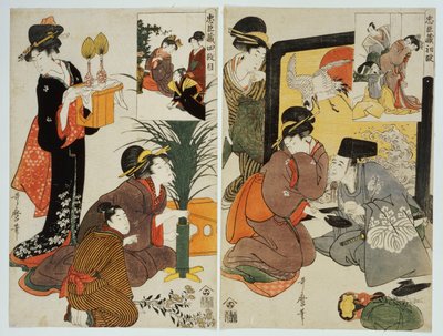 To scener fra serien "Loyal League" som skildrer hverdagen til en husholdning fra Edo-perioden av Kitagawa Utamaro