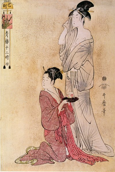 Kvinnen får toalettet sitt hjulpet av sin tjenestepike japansk trykk av Utamaro Kitagawa (1753-1806). 18. århundre. Paris, Guimet Museum, Asian Arts Museum av Kitagawa Utamaro