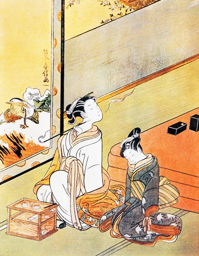 Kvinne som røyker pipe, ukiyo-e kunsttrykk, Tosa-skole, tresnitt, japansk sivilisasjon, Edo-perioden av Kitagawa Utamaro