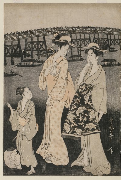 Kvinner nyter den kjølige kvelden nær Ryogoku-broen av Kitagawa Utamaro