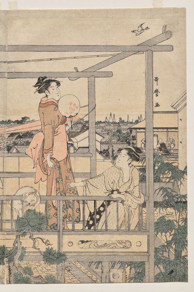 Kvinner henger klesvask til tørk på en balkong av Kitagawa Utamaro
