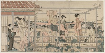 Kvinner henger klesvask til tørk på en balkong av Kitagawa Utamaro