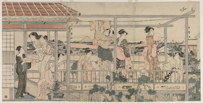 Kvinner henger klesvask til tørk på en balkong, tidlig på 1790-tallet. av Kitagawa Utamaro