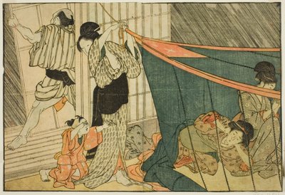 Kvinner inne i et myggnett under et tordenvær, fra den illustrerte boken "Picture Book: Flowers of the Four Seasons (Ehon shiki no hana)," vol. 1 av Kitagawa Utamaro