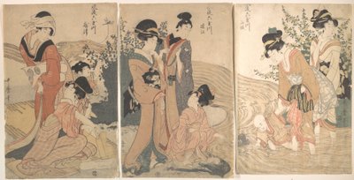 Kvinner og barn på bredden av en bekk av Kitagawa Utamaro