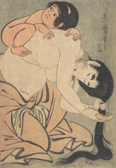 Yamauba kjemmer håret, og Kintoki, ca. 1801. av Kitagawa Utamaro