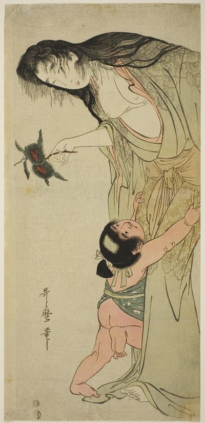 Yamauba holder kastanjer mens Kintaro strekker seg etter dem, ca. 1804-5 (farget treblokktrykk; naga-oban) av Kitagawa Utamaro