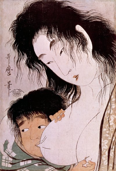 Yamauba og Kintaro: det tetee japanske trykket av Utamaro Kitagawa (1753-1806). Sol. 0,37x0,25 m. 1801-1803. Paris, Guimet-museet, Nasjonalmuseet for asiatisk kunst av Kitagawa Utamaro