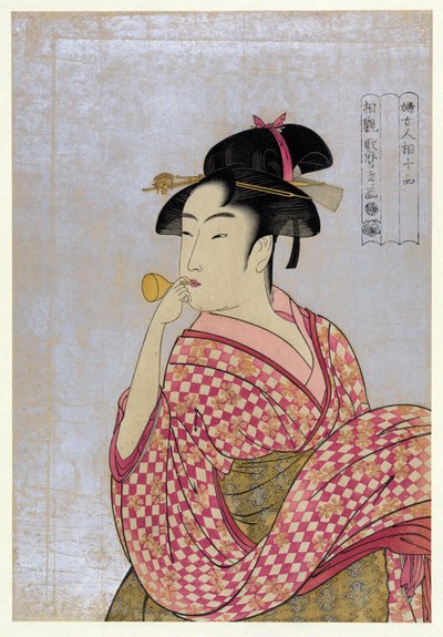 Young Woman Blowing a Glass Pipe (poppin), fra serien Ten Types in the Physiognomic Study of Women par Utamaro, Kitagawa (1753-1806), ca 1792 - Fargetresnitt, 38,9x27,5 - Privat samling av Kitagawa Utamaro