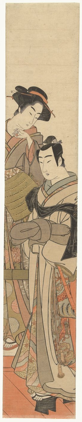 En kvinne med en ung mann forkledd Jonge mann met rieten hoed en dame av Kitao Masanobu (attributed to)