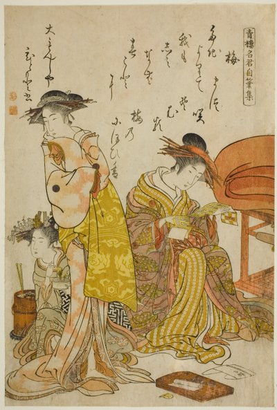 Courtesan Hitomoto fra Daimonjiya, fra albumet "Comparing New Beauties of the Yoshiwara - A Mirror of Their Own Writings (Keisei shin bijin awase jikihitsu kagami)" av Kitao Masanobu