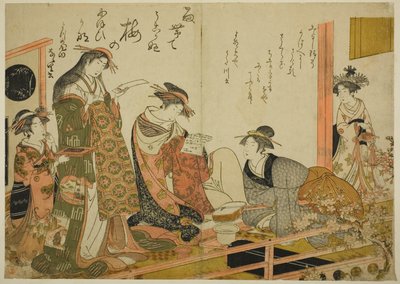 Courtesanene Utagawa og Nanasato fra Yotsumeya, fra albumet "Comparing New Beauties of the Yoshiwara - A Mirror of Their Own Writings (Keisei shin bijin awase jikihitsu kagami)" av Kitao Masanobu