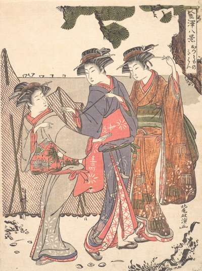 Tre kvinner stående ved kysten, 1761-1816. av Kitao Masanobu