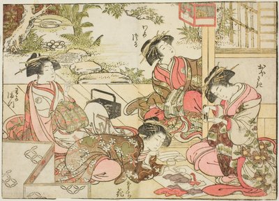 Kurtisaner fra Otawaraya, fra boken "Mirror of Beautiful Women of the Pleasure Quarters (Seiro bijin awase sugata kagami)," vol. 2 av Kitao Shigemasa