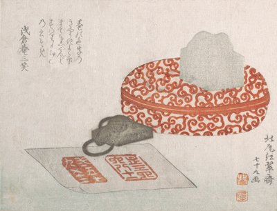 Seal og en utskåret lakkbeholder for seglblekk, 1817. av Kitao Shigemasa