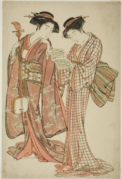 To geisha som holder en Shamisen og en sangbok av Kitao Shigemasa