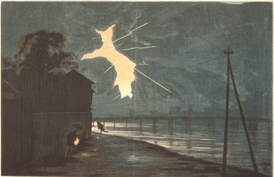 Torden og lyn over Onmaya-broen av Kiyochika Kobayashi