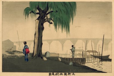 Fjern utsikt over Ryogoku fra Motoyanagi-broen av Kiyochika Kobayashi