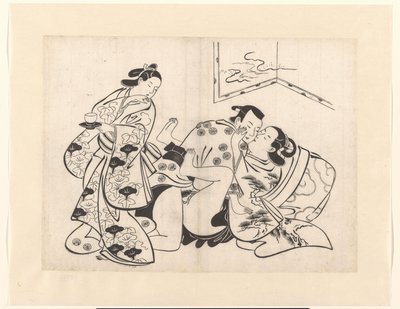 Par elsker med jente som ser tilbake av Kiyonobu (I) , Torii