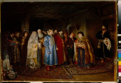 Boyar-bryllup (boyar, boyar) på 1500-tallet, bruden har på seg en kokochnik (Bojarens bryllup) - Olje på lerret av Klavdi Vasilyevich Lebedev (1852-1916) av Klavdiy Vasilievich Lebedev