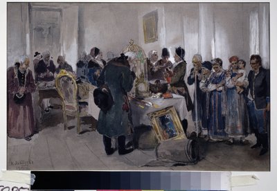 Auksjon Salg av livegne. Blant ulike gjenstander (teppe, fuglebur, malerier, bøker og nips) er en bondefamilie utstilt for å selges. Adelsmenn og grunneiere rusler og observerer, omringet av Klavdiy Vasilievich Lebedev