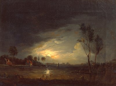Fjordlandskap med fiskere i måneskinn av Knud Andreassen Baade