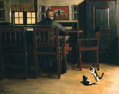 Interiør med lekne kattunger av Knud Sinding