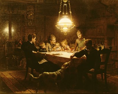 Familiemiddag i lampelyset, 1800-tallet av Knut Ekvall