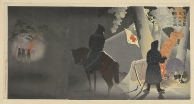 De kou trotserend, zetten vår troepen bivak op te Yingkou. Eiko no genkan o okashite waga gun roei o haru no zu (tittel på objekt) av Kobayashi Kiyochika