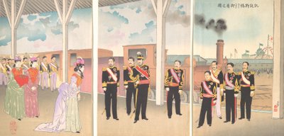 Illustrasjon av keiserens ankomst til Shinbashi stasjon etter en seier..., 1895. av Kobayashi Kiyochika