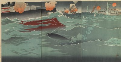 Vår torpedo treffer et russisk krigsskip i det store sjøslaget ved Port Arthur av Kobayashi Kiyochika