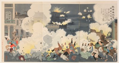 Panikk i bygatene under bombardementet av Port Arthur av Kobayashi Kiyochika