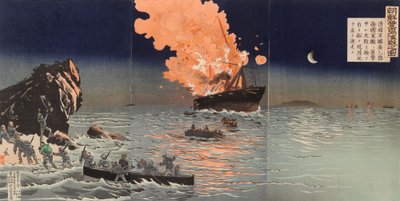 Redning fra et brennende krigsskip. En scene fra krigen mellom Kina og Japan av Kobayashi Kiyochika