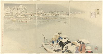 Andre måned: Matsuchi Hill in Snow at Dusk (Kisaragi, Matsuchiyama yuki no tasogare), fra serien "True Views of Famous Places in Tokyo (Tokyo meisho shinkei no uchi)" av Kobayashi Kiyochika