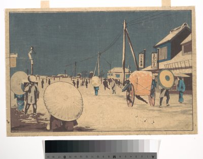 Straßenszene am Stadtrand von Edo an einem Winterabend av Kobayashi Kiyochika