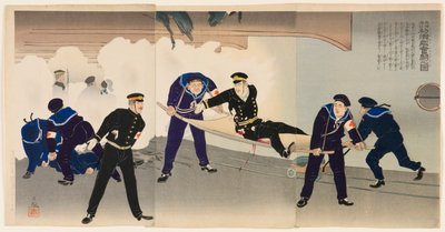 Sliter hardt på slagskipet Hatsuse i havnen i Port Arthur av Kobayashi Kiyochika