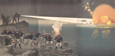 Bruk av elektrisk lys på tidspunktet for angrep på Bingyang, Korea, sent på 1800-tallet. av Kobayashi Kiyochika