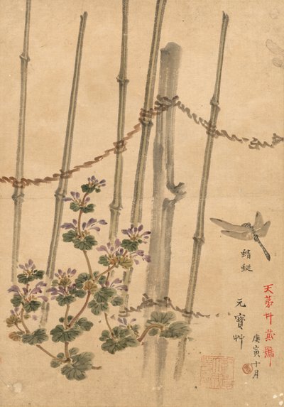 Bambusgjerde og krysantemum, ca. 1890. av Kono Bairei